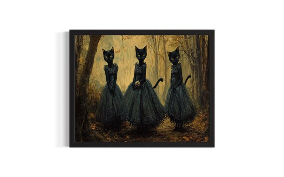 Three Black Cats in Dark Gowns Autumn Woodland Witch Art Poster