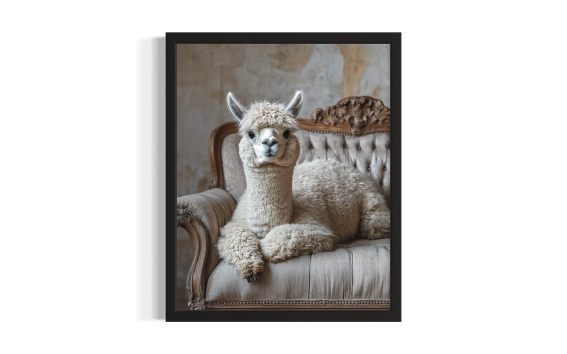 Fluffy White Alpaca on a Vintage Ornate Sofa Animal Portrait Poster