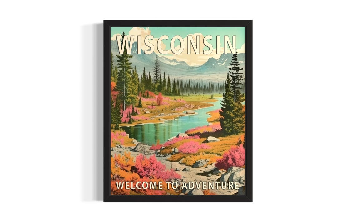 Wisconsin Welcome to Adventure Pink Forest River Retro Travel Poster