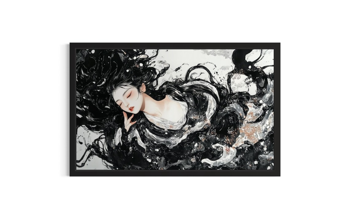 Dreamy Black Ink Flowing Hair Woman Abstract Japanese Art Poster