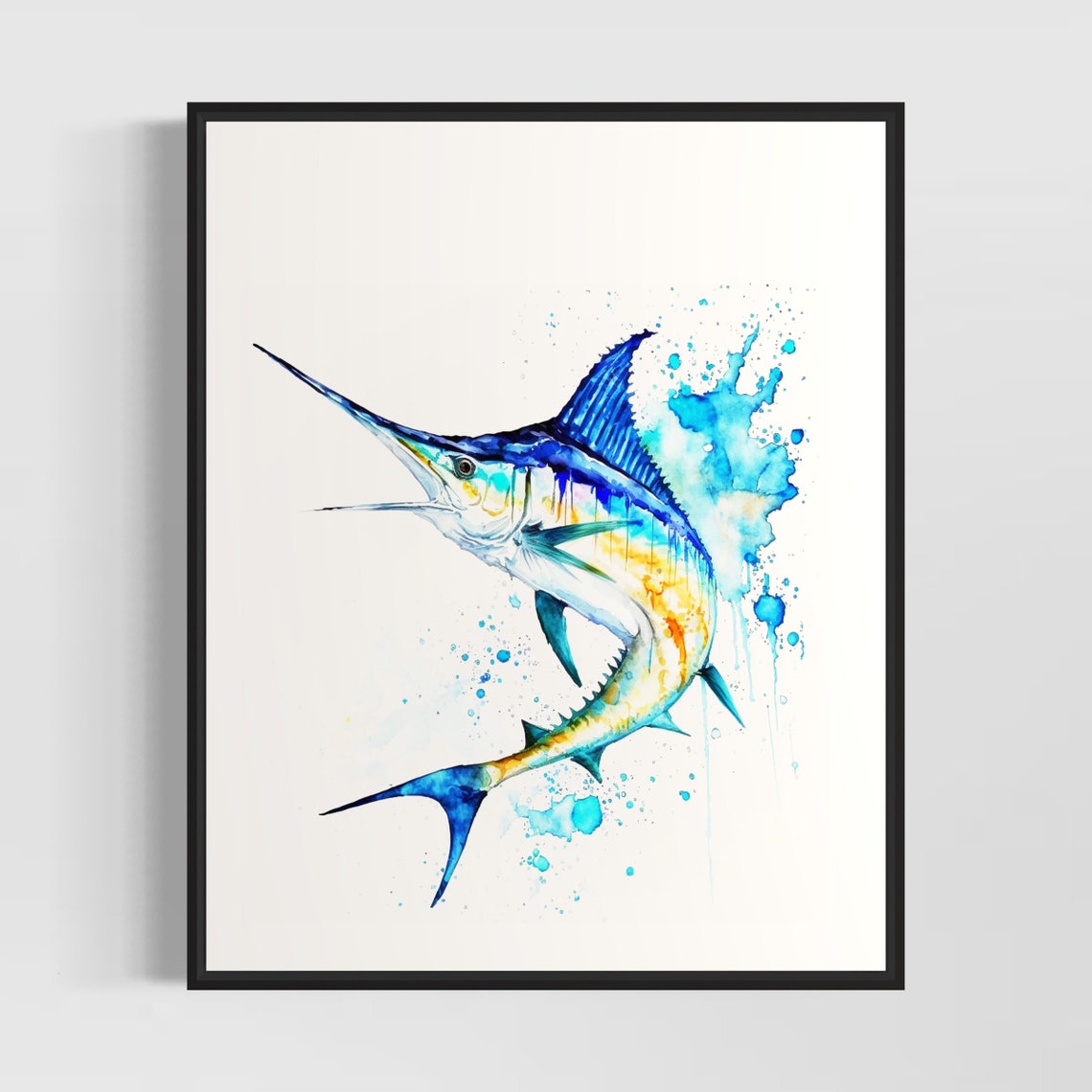 Blue Marlin Leaping Billfish Deep Sea Watercolor Ocean Art Poster