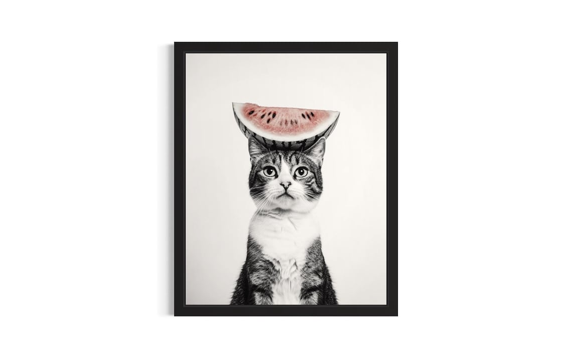 Tabby Cat Balancing Watermelon Slice Color Pop Cat Portrait Poster
