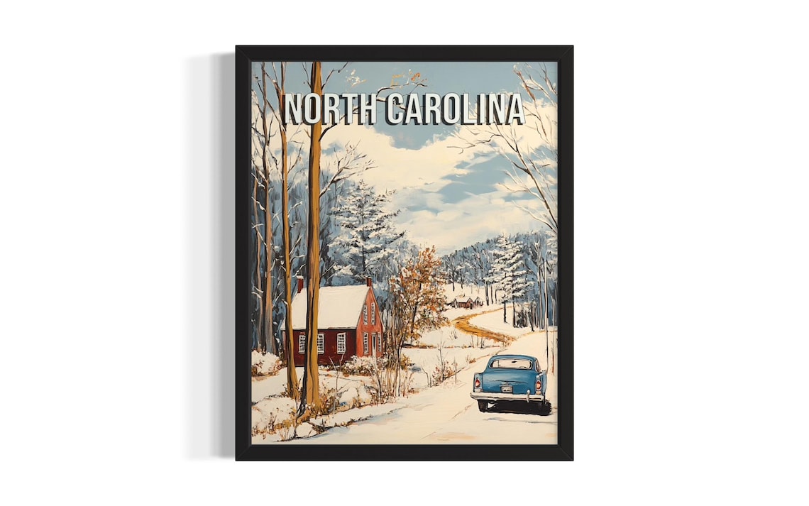 North Carolina Winter Cabin Classic Car Snow Painting Poster