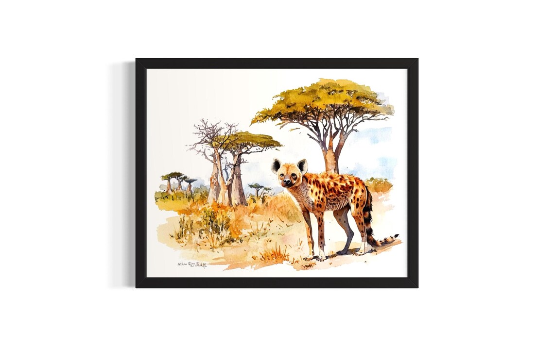 Spotted Hyena Safari Watercolor African Acacia Savanna Wildlife Poster