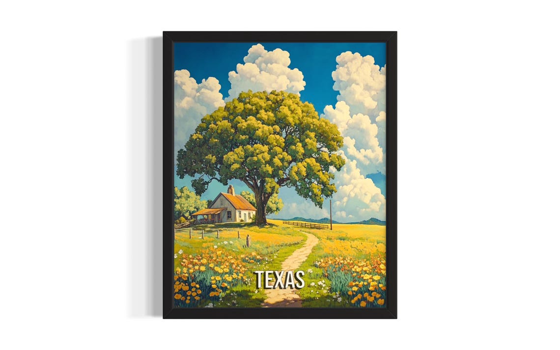 Texas Spring Wildflowers Farmhouse Oak Tree Sunny Day Poster