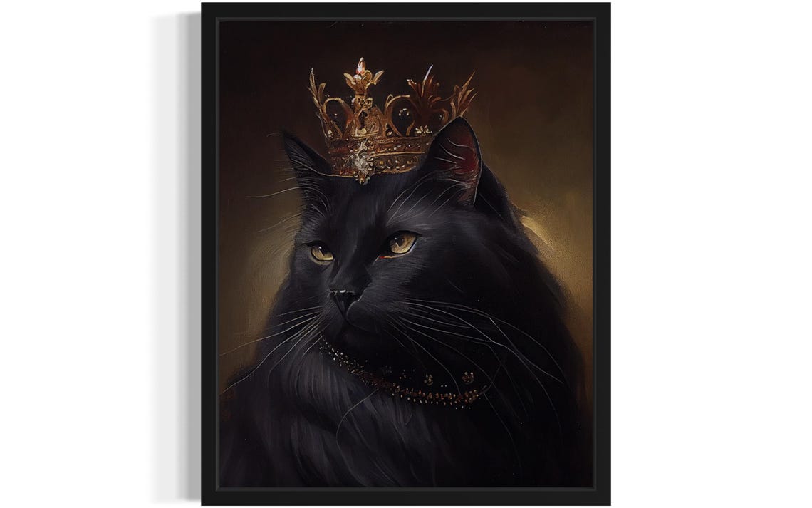 Black Cat Wearing a Golden Crown Regal Royal Portrait Poster