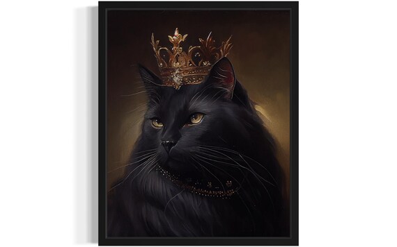 Black Cat Wearing a Golden Crown Regal Royal Portrait Poster