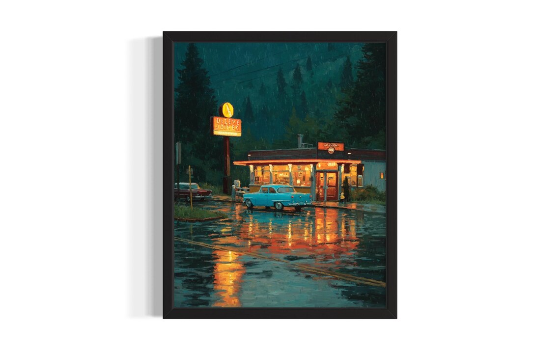 Retro Neon Diner Rainy Night Classic Cars Vintage Americana Poster
