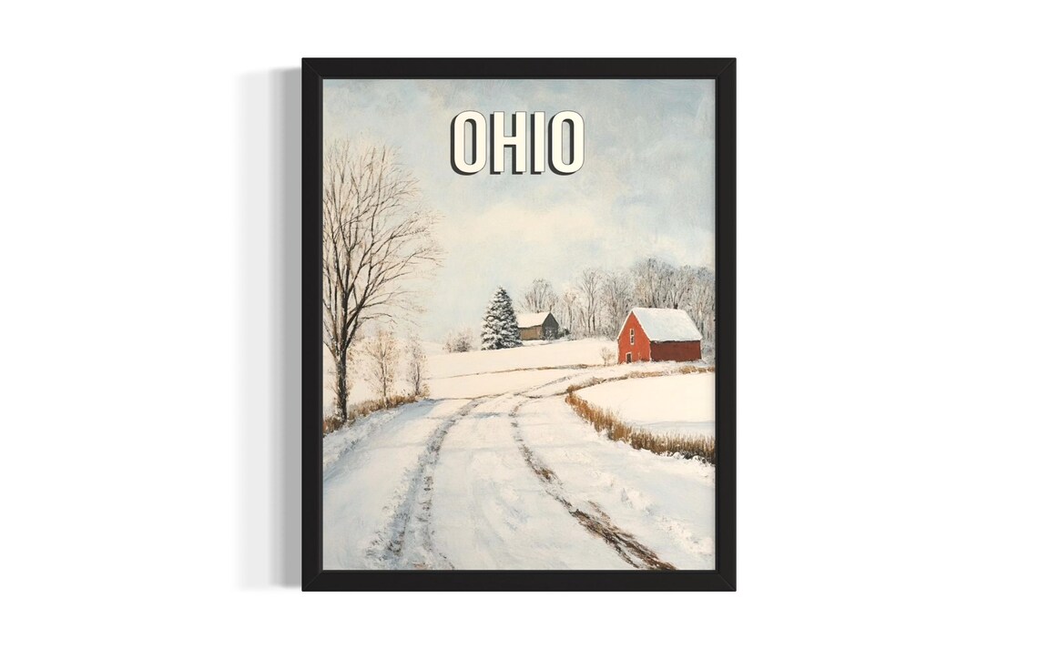 Ohio Winter Farm Red Barn Snow Covered Country Landscape Poster