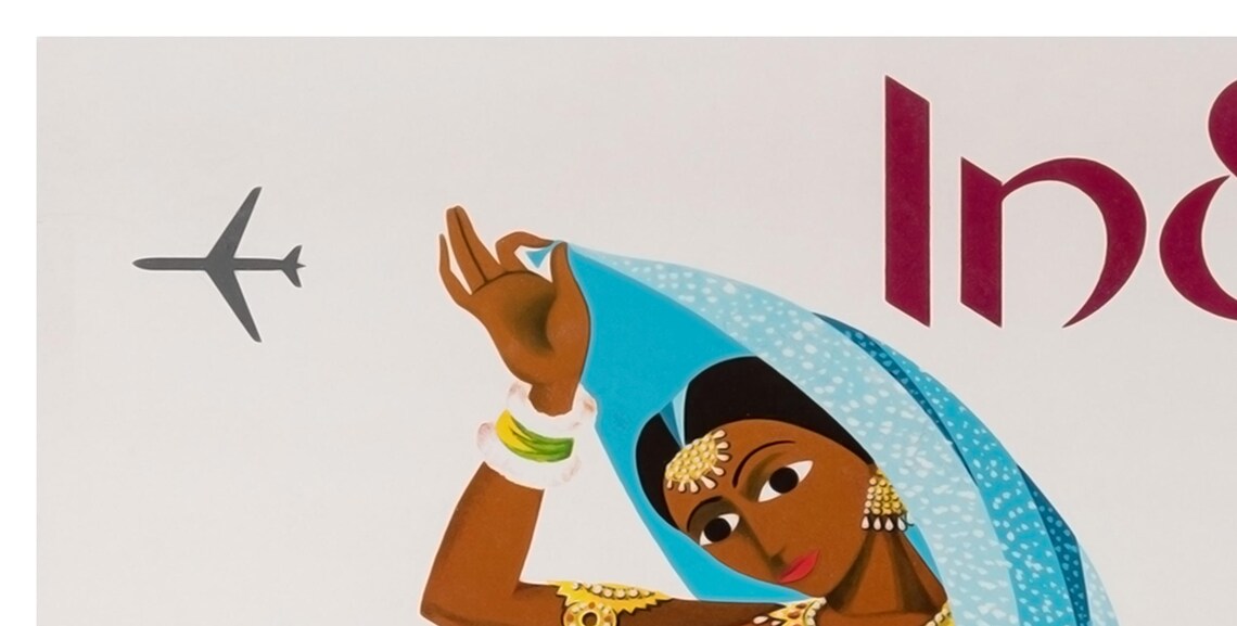 Sabena India Blue Sari Dancer Vintage Belgian Airline Travel Poster - Image 2