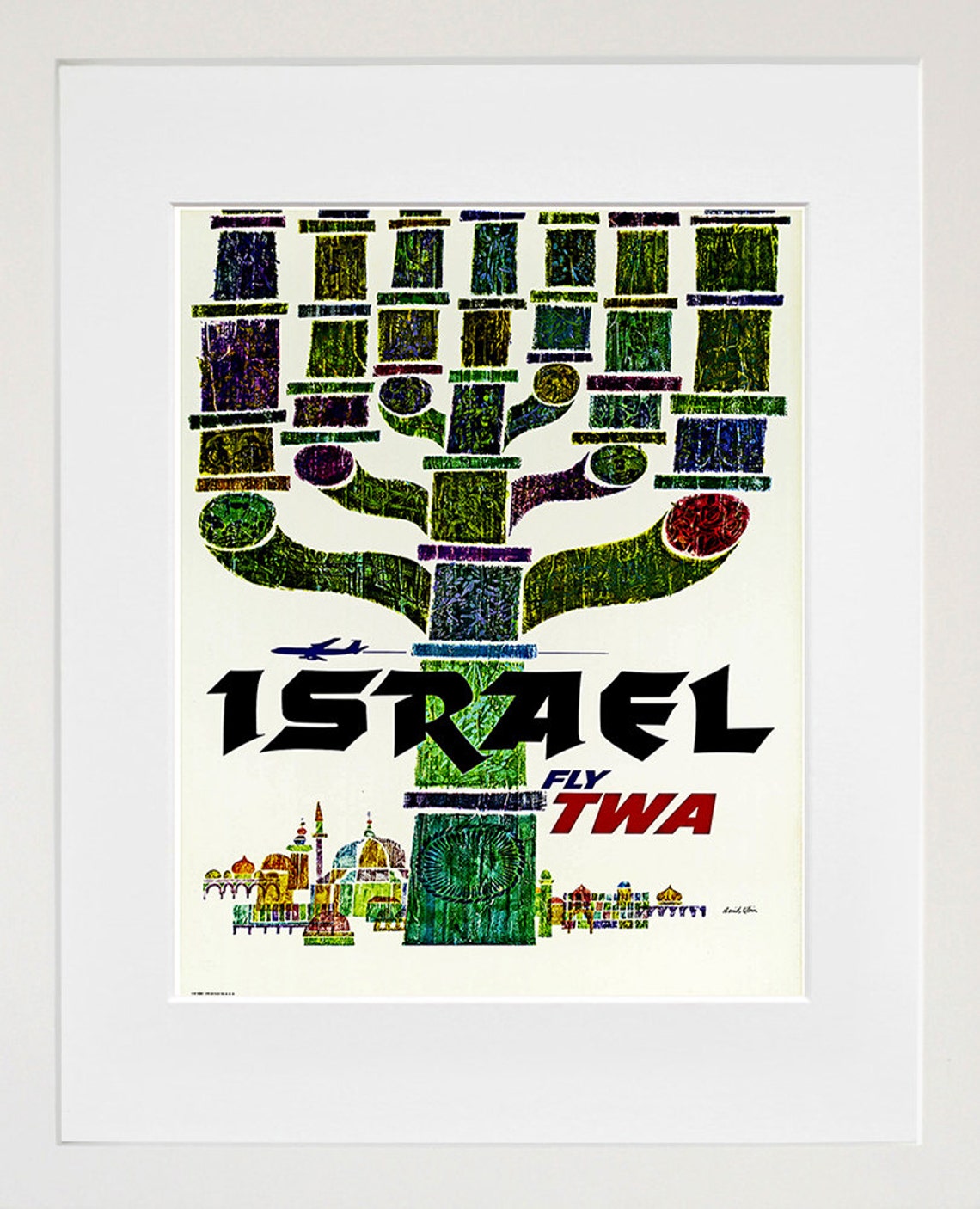 Israel Fly TWA Vintage Poster with Menorah and Jerusalem Scene - Image 2