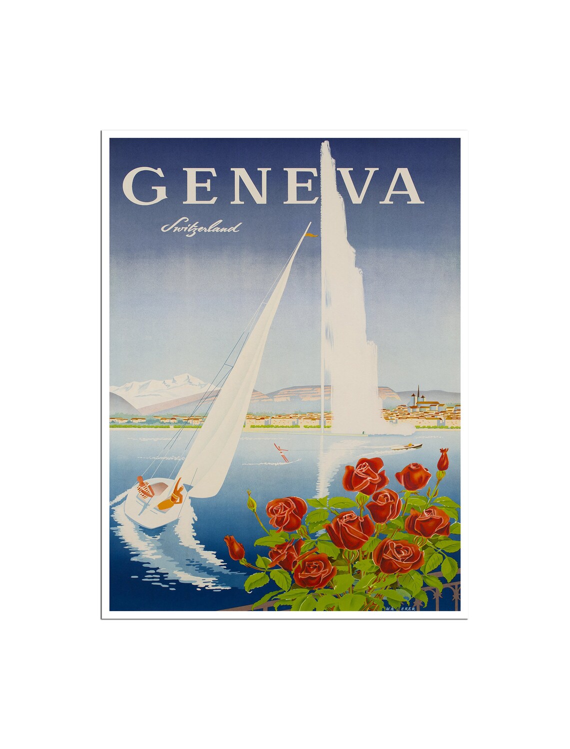 Geneva Switzerland Jet d'Eau Sailboat Lake Vintage Travel Poster