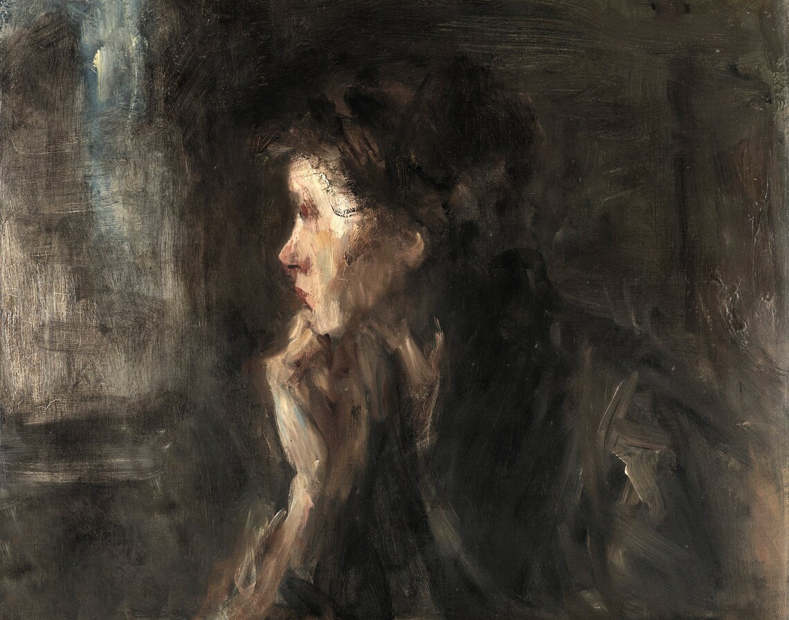 Vintage Woman Portrait, Moody Oil Painting Art Print - Image 2