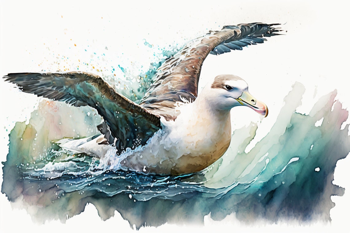 Watercolor Albatross Taking Off Over Ocean Waves Bird Poster
