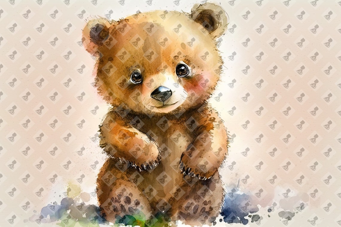 Cute Baby Bear Watercolor Fluffy Cub Nursery Animal Wall Art
