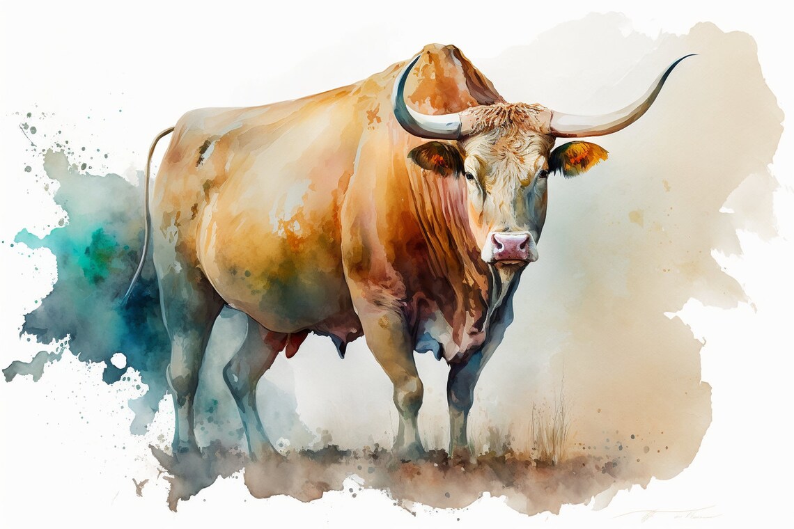 Longhorn Bull Watercolor Full Body Horns Farm Animal Wall Art
