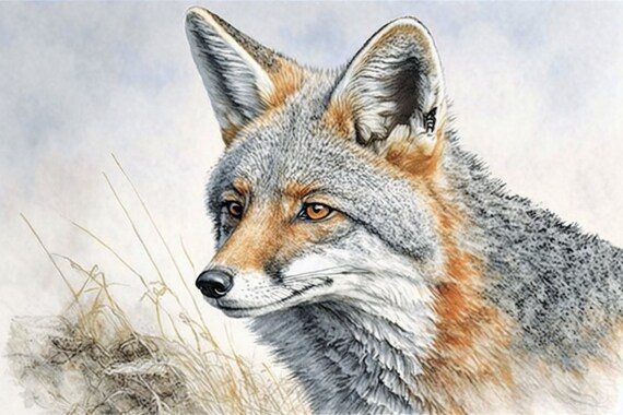 Gray Fox Portrait Amber Eyes Watercolor Woodland Animal Wall Art Poster