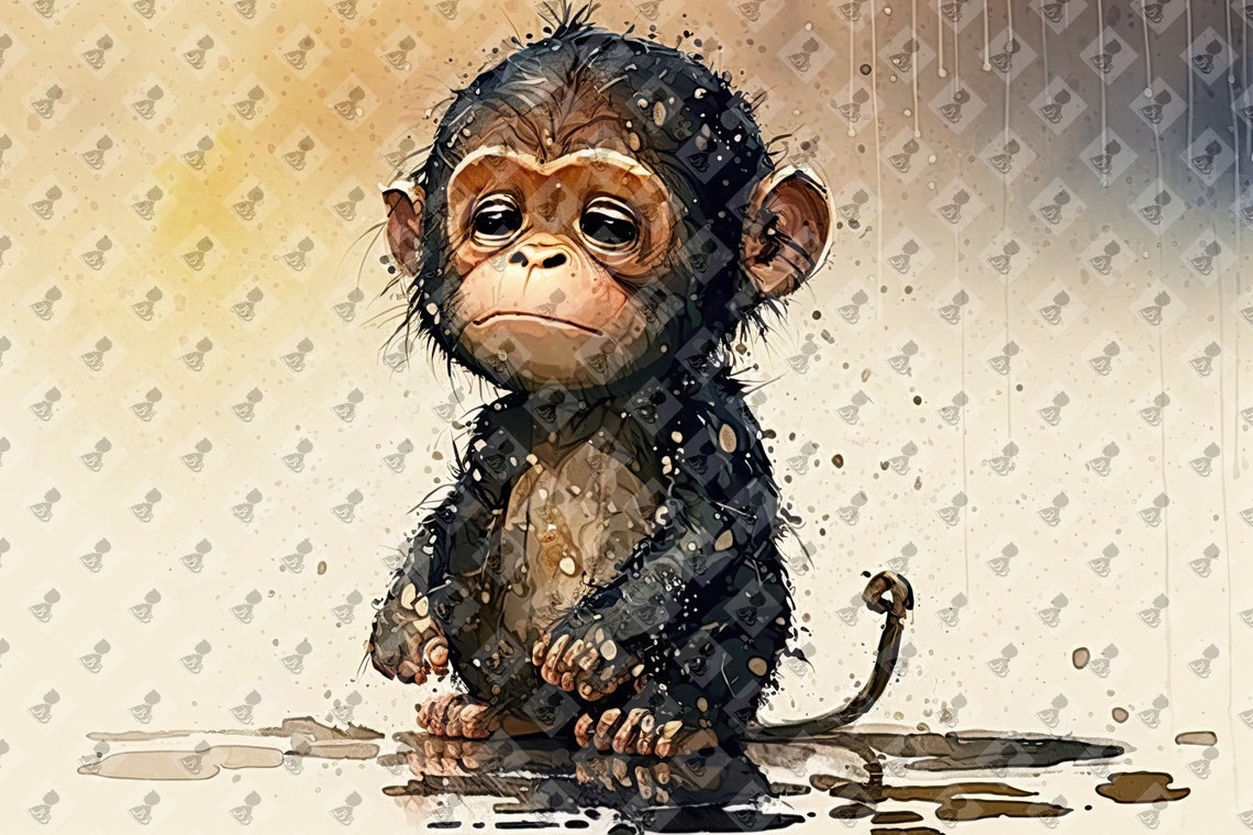 Cute Baby Chimp Watercolor Black Fur Nursery Animal Art Poster