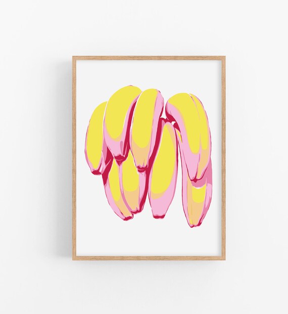 Pop Art Hanging Bananas Yellow Pink Minimalist Kitchen Poster
