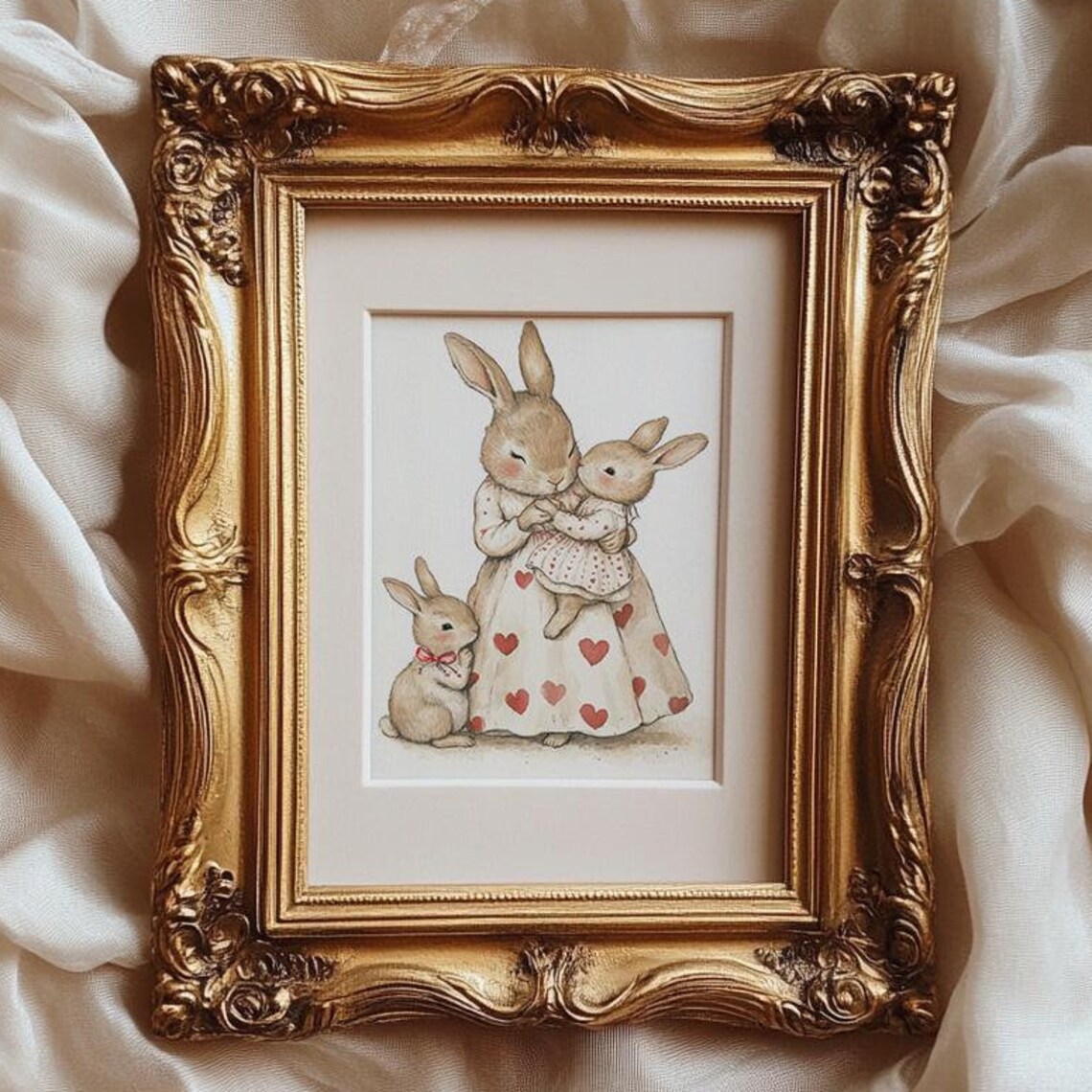 Mother Rabbit Hugging Two Baby Bunnies Heart Dress Nursery Poster - Image 5