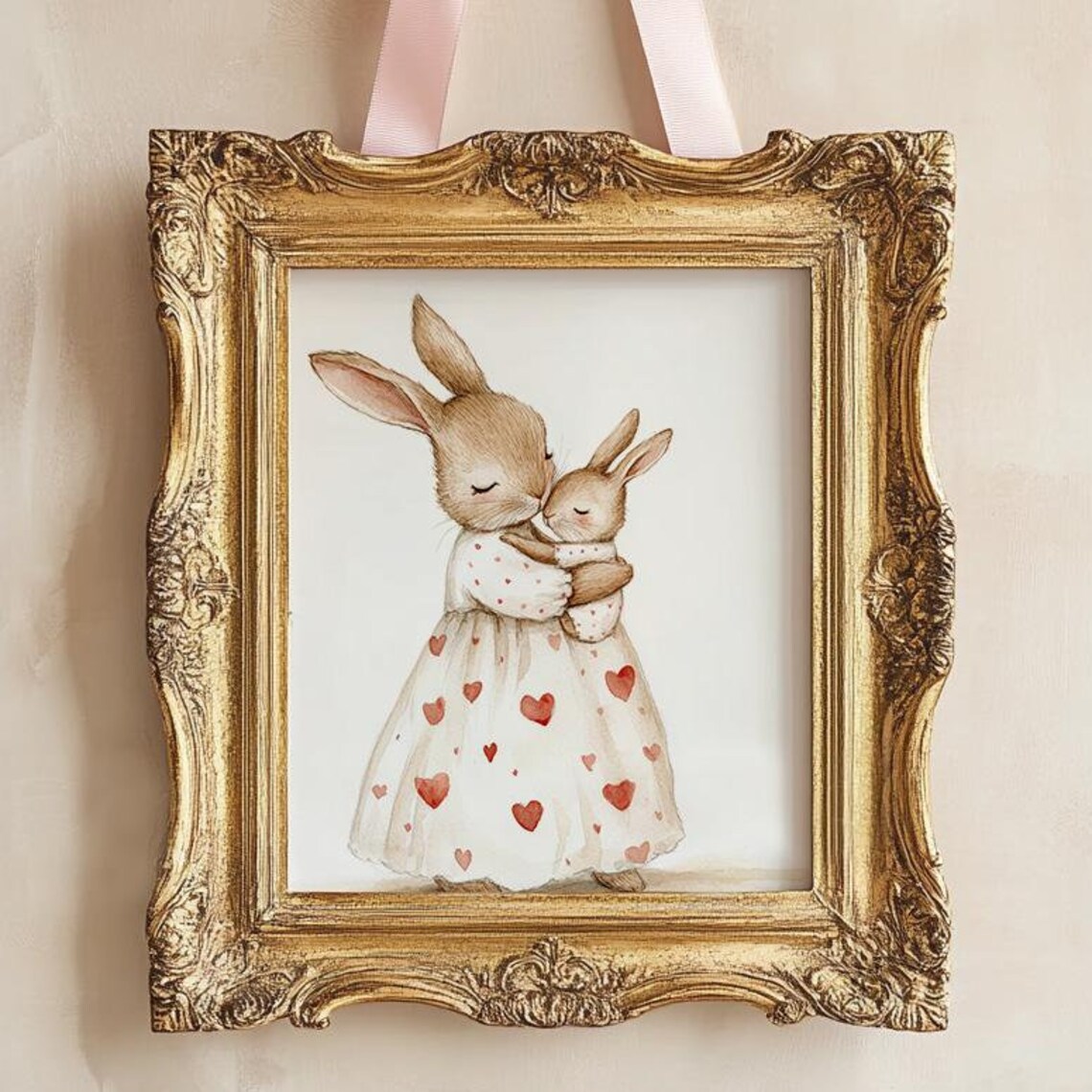 Mama Rabbit Hugging Baby Bunny Heart Dress Nursery Watercolor Poster - Image 5
