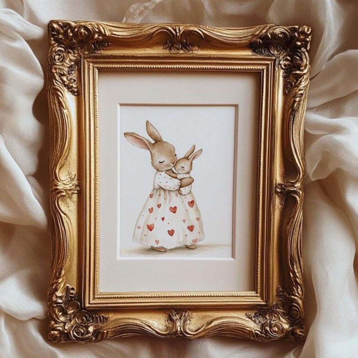 Mama Rabbit Hugging Baby Bunny Heart Dress Nursery Watercolor Poster - Image 4