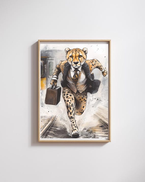 Cheetah In Suit Watercolor Print Funny Office Animal Art