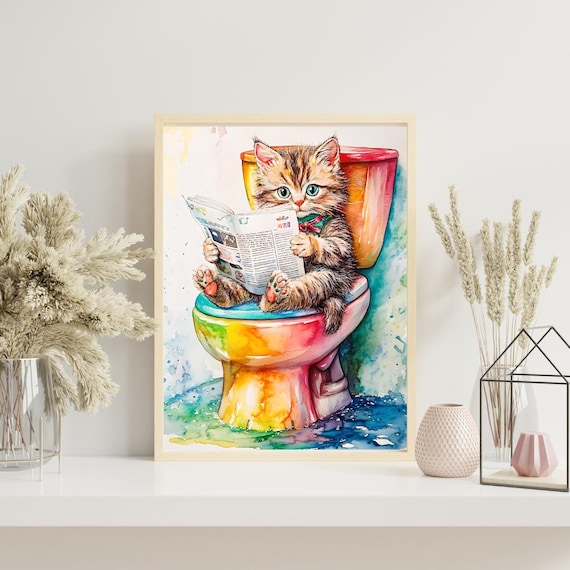Funny Kitten Reading Newspaper on Toilet Watercolor Bathroom Poster