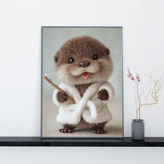 Baby Otter Bathroom Wall Art Cute Animal Print In Bathrobe With Toothbrush Nursery Decor Funny Kids
