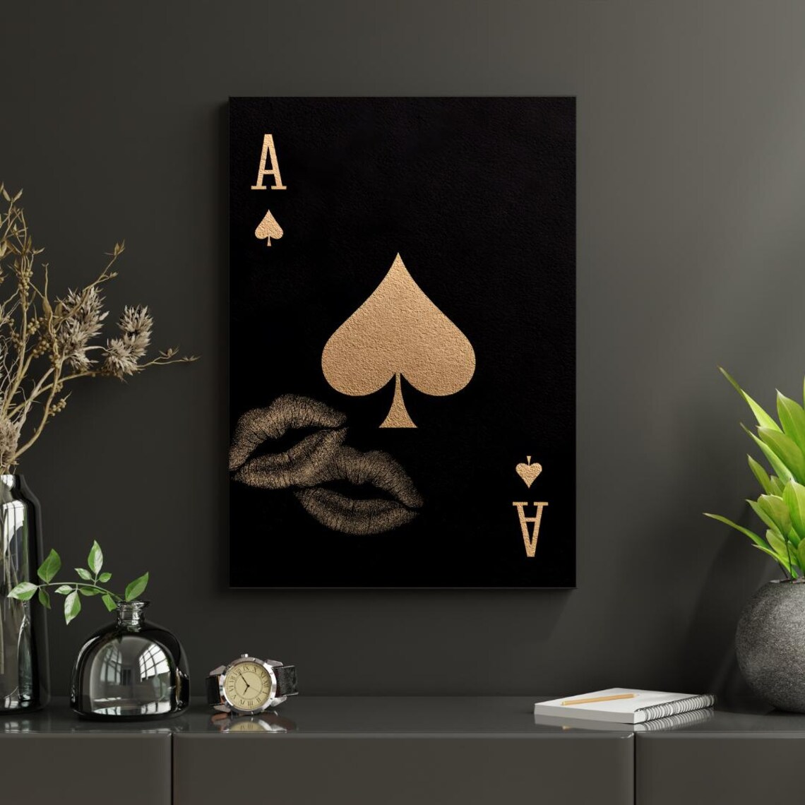Ace Of Spades Gold Kiss Lips Glam Black Playing Card Luxury Poster