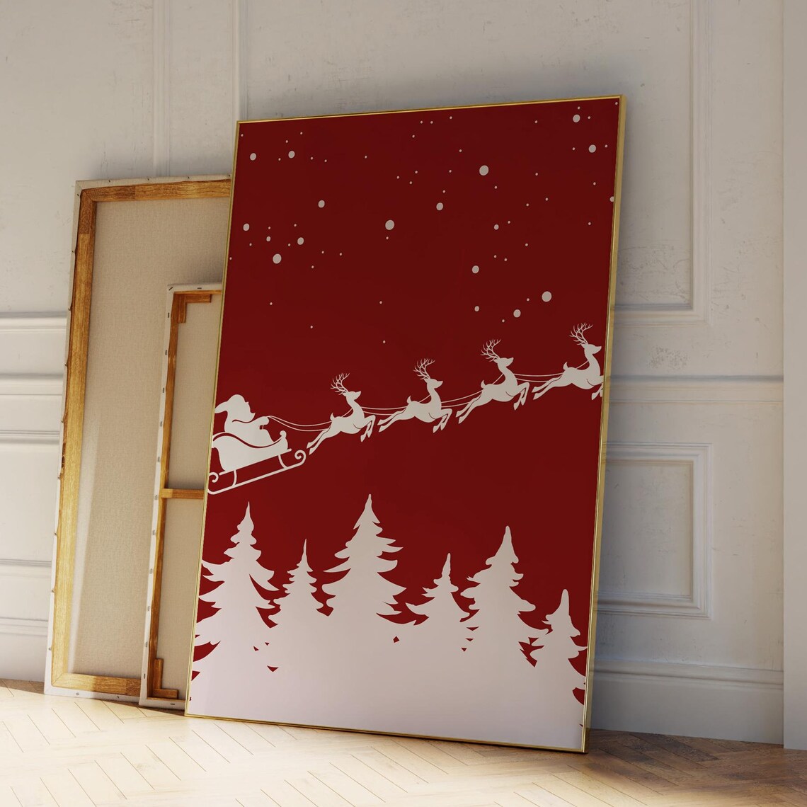 Red Christmas Santa Sleigh Reindeer Snow Holiday Minimalist Poster