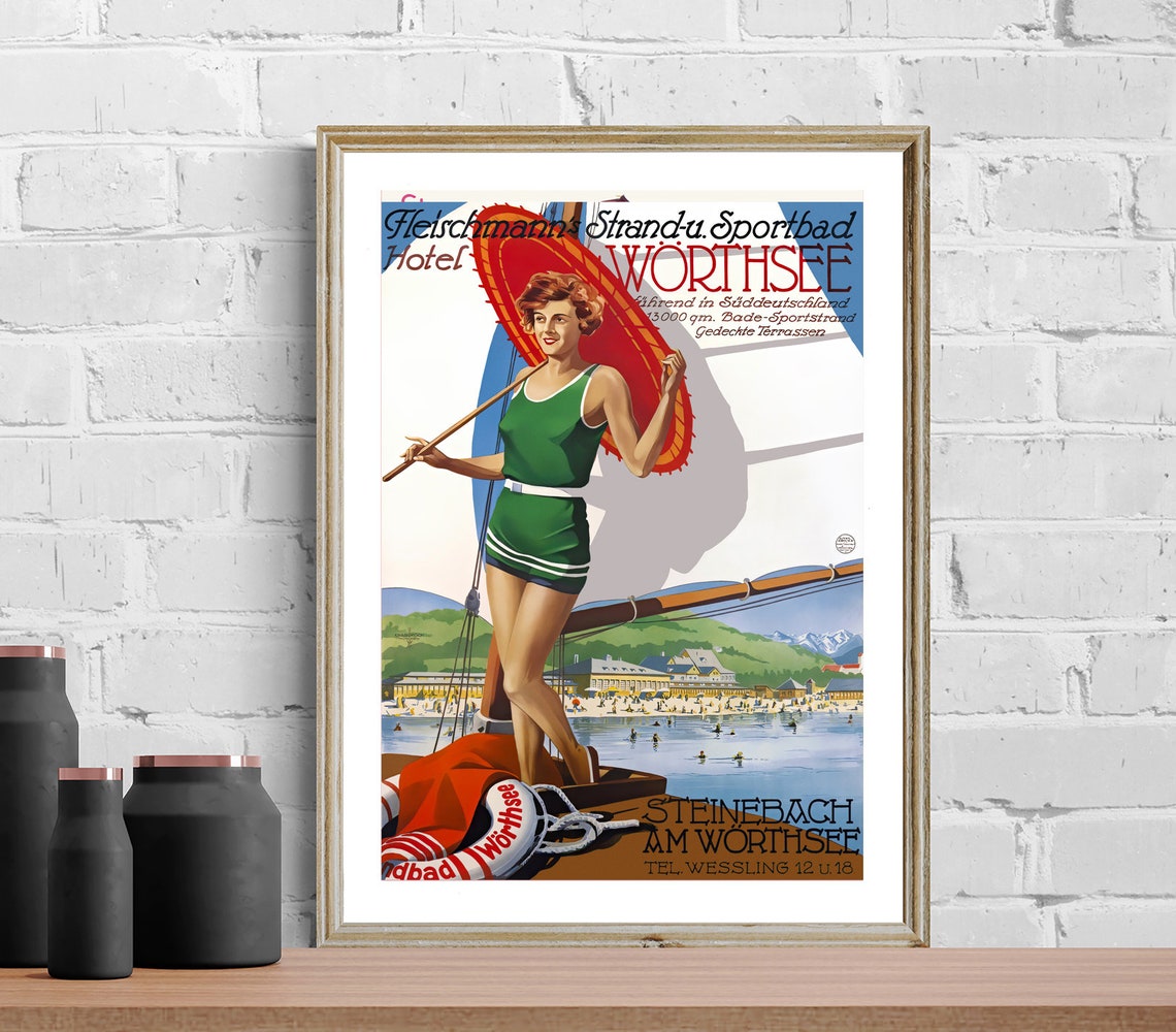 Fleischmanns Hotel Worthsee Bavarian Lake Swimming Vintage Poster - Image 2