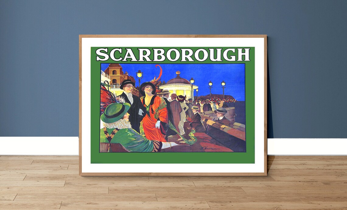 Scarborough Vintage British Seaside Promenade Night Pier Travel Poster