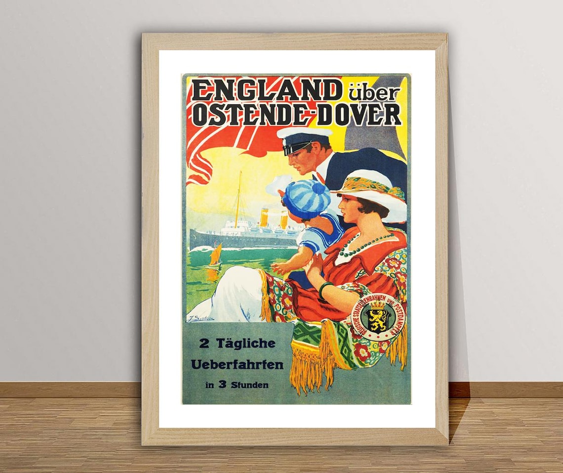 Ostende Dover Ferry England Ship Daily Crossings Vintage Travel Poster