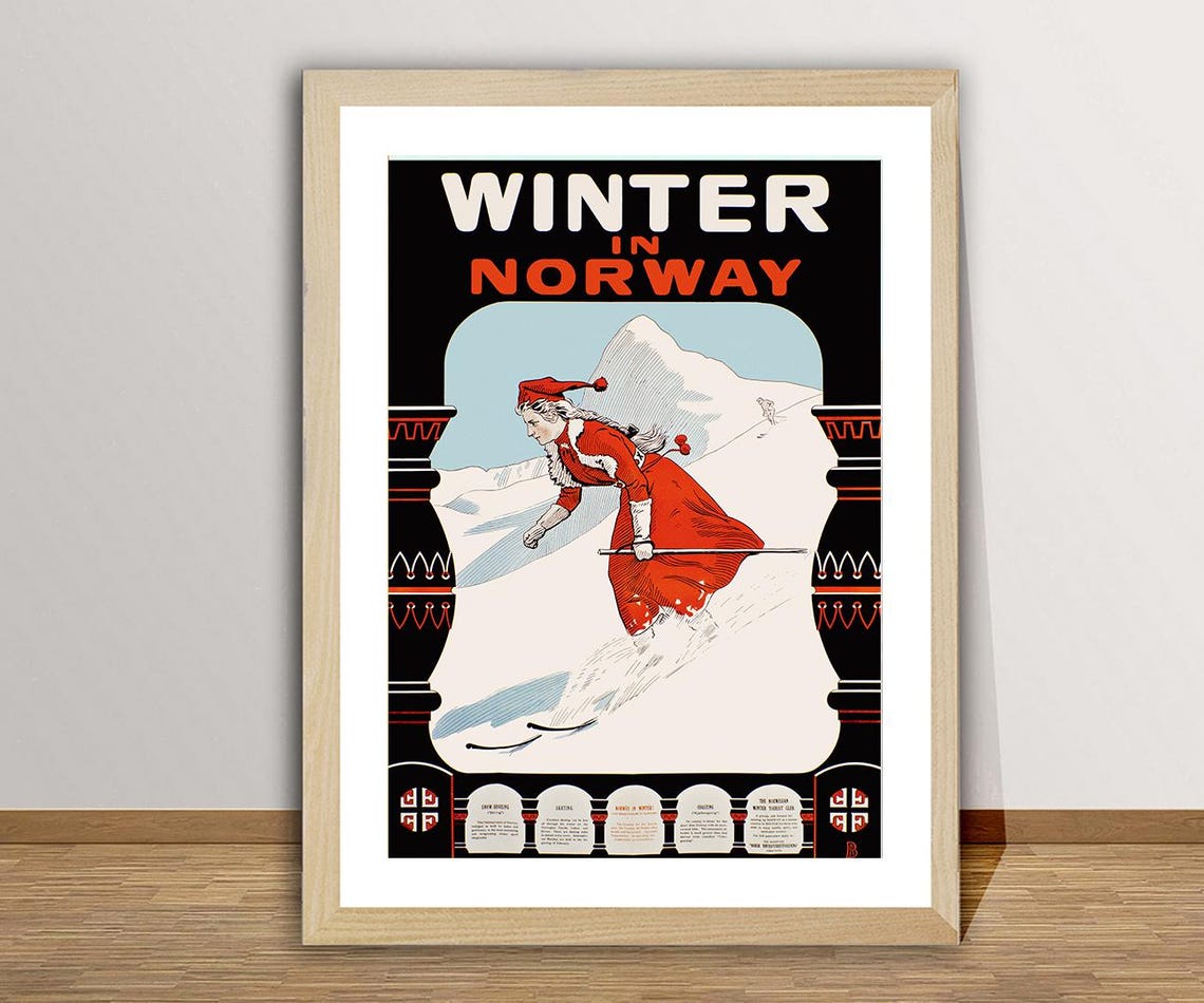 Winter in Norway Vintage Skiing Travel Poster Retro Red Art Decor