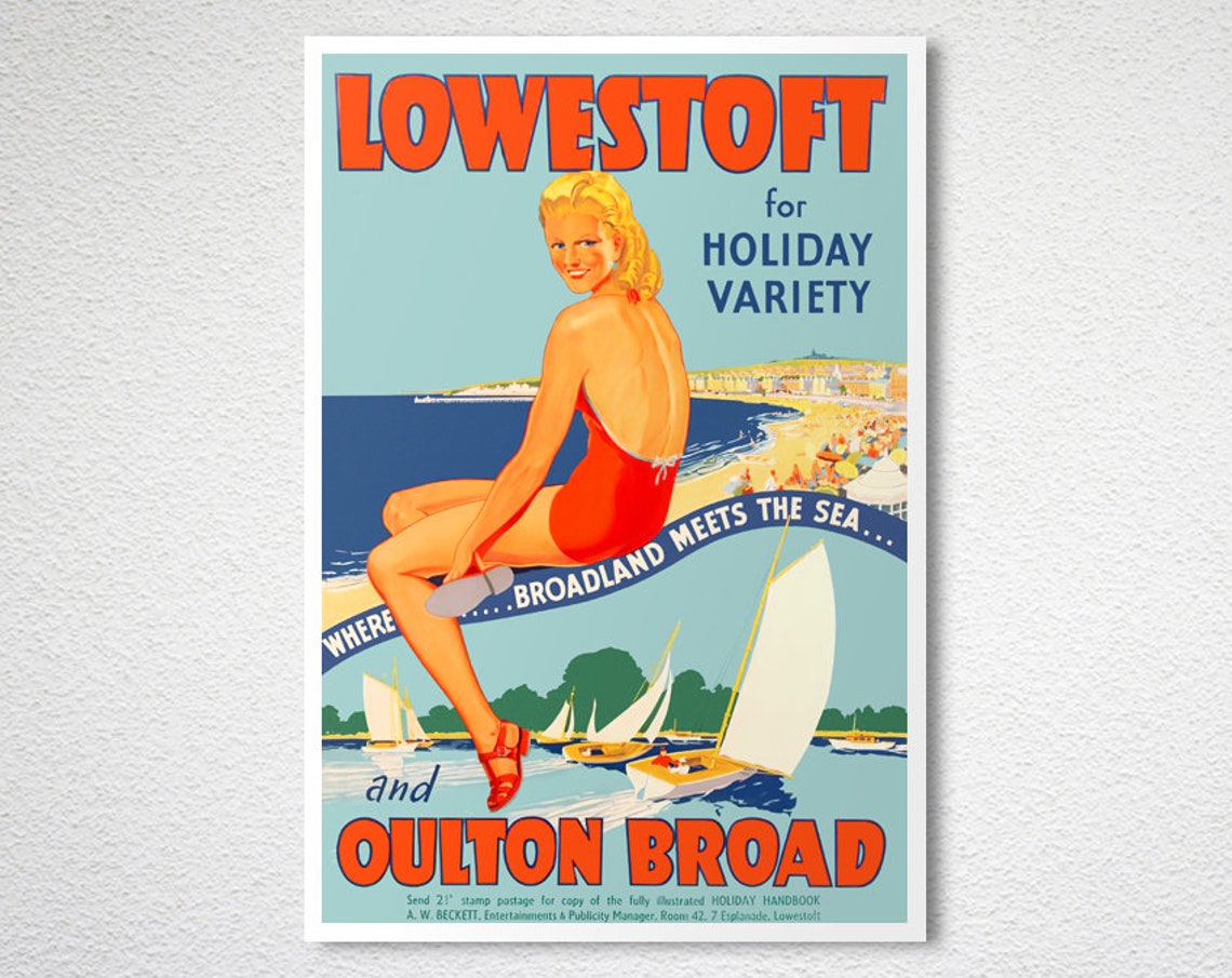 Lowestoft and Oulton Broad Vintage English Holiday Seaside Poster - Image 2