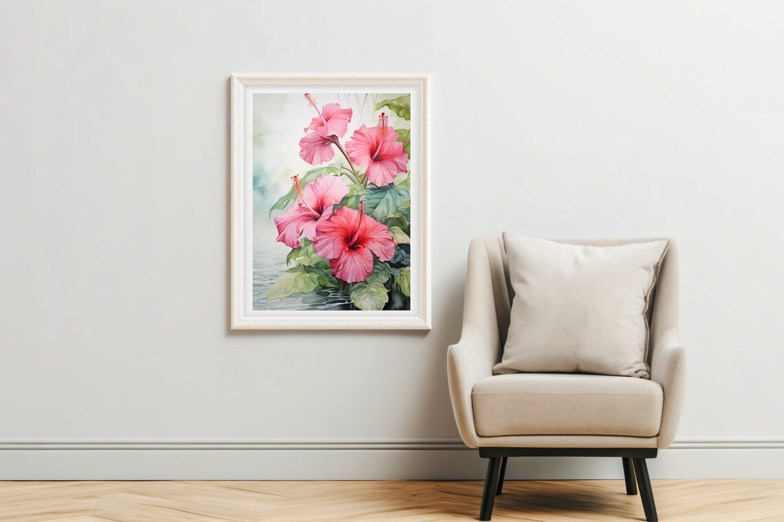 Pink Hibiscus Watercolor Art Print, Home Office Decor - Image 3