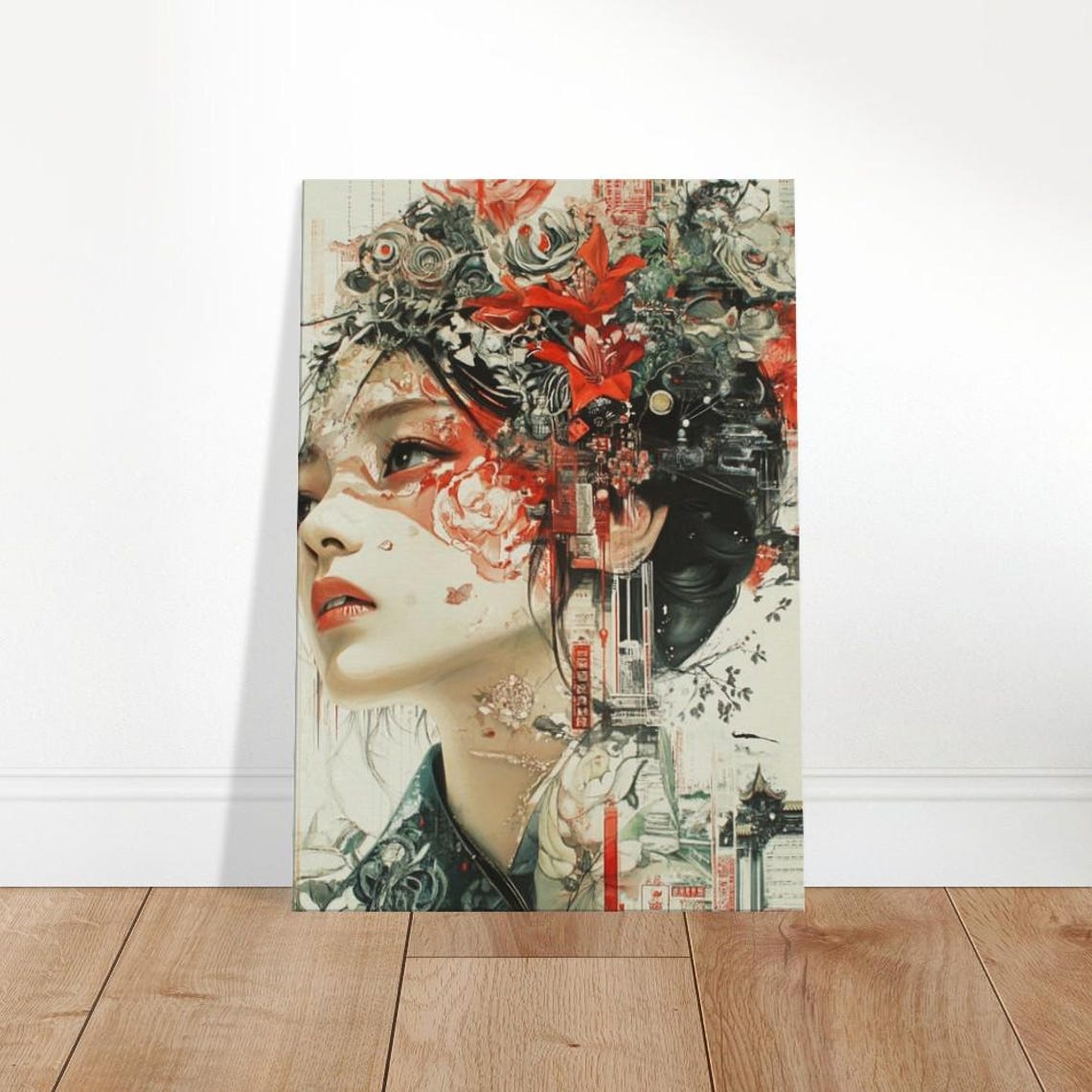 Geisha Portrait Red Flower Collage Modern East Asian Art Print
