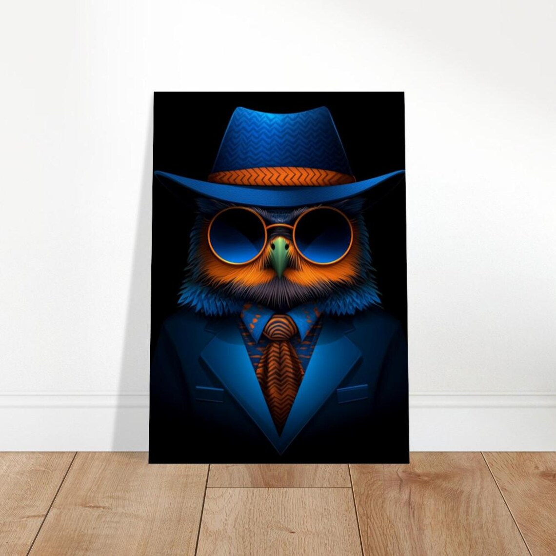 Fashion Owl Blue Suit Fedora Sunglasses Quirky Animal Portrait Poster