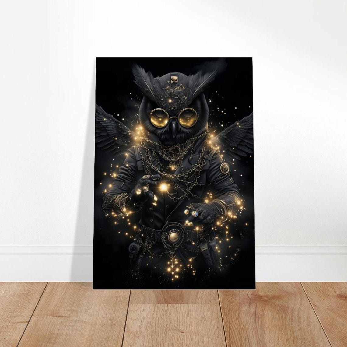 Mystical Black Owl Gold Goggles Chains Dark Fantasy Art Poster