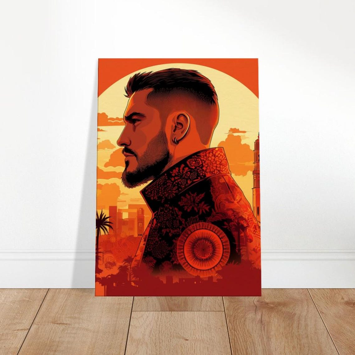 Desert Sunset Warrior Male Profile Portrait Bold Orange Poster