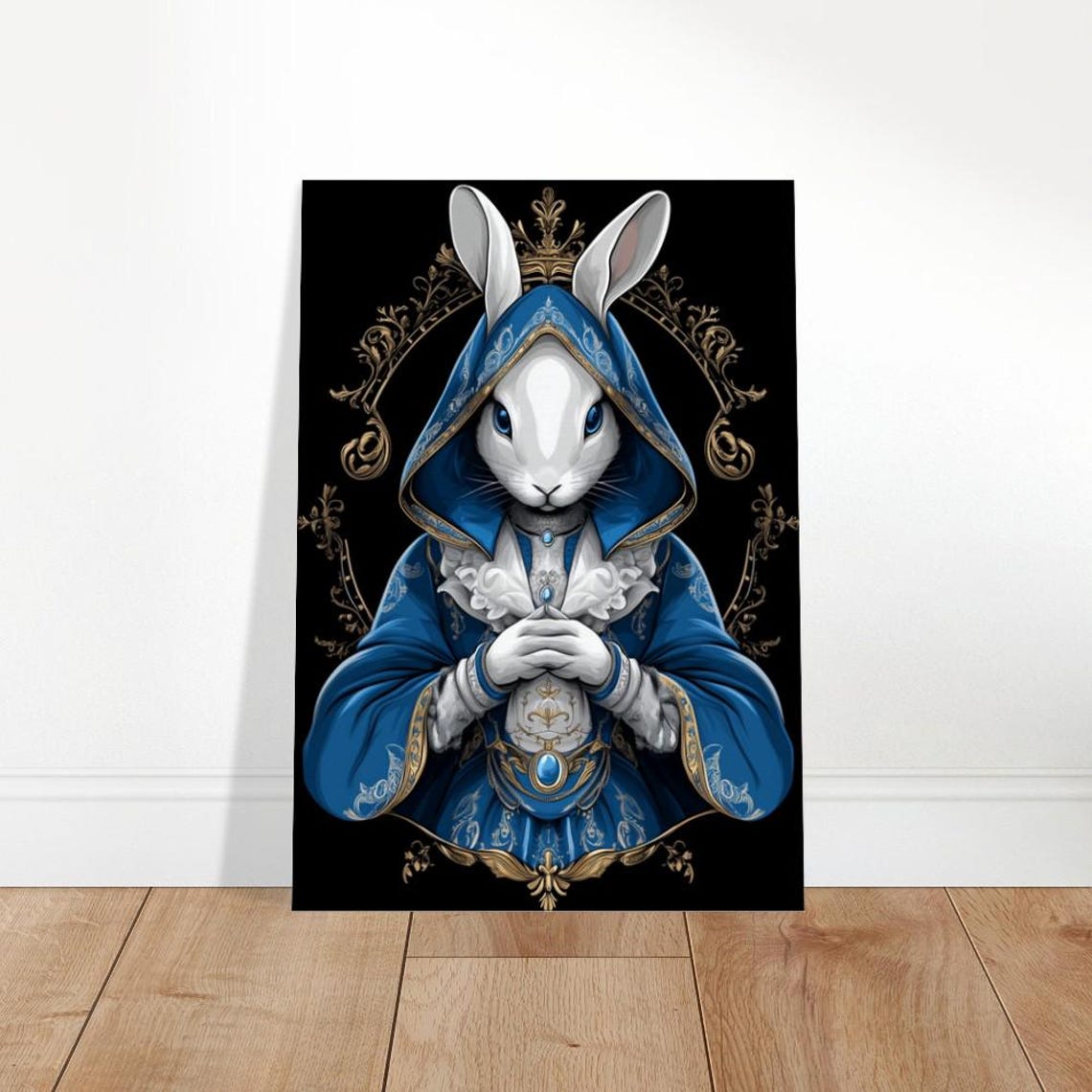 Royal Rabbit In Blue Cloak Gold Filigree Regal Bunny Poster Art