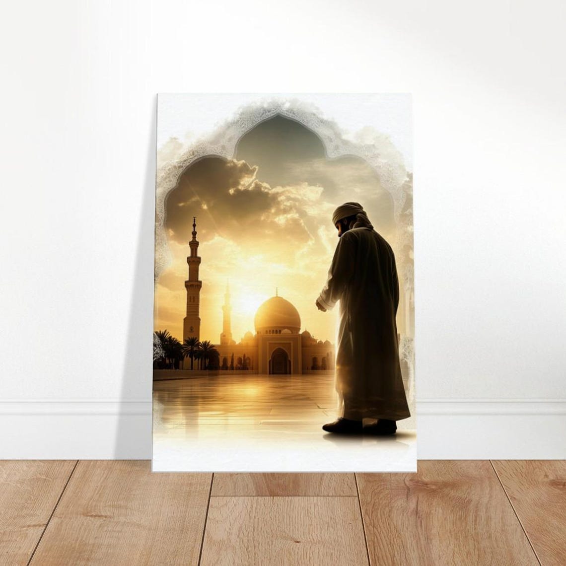 Man Approaching Mosque at Golden Sunrise Islamic Arch Faith Poster