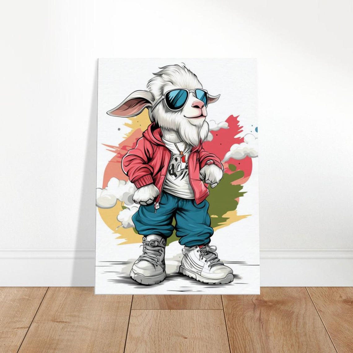 Hip Hop Goat Red Hoodie Sneakers Sunglasses Streetwear Art Poster