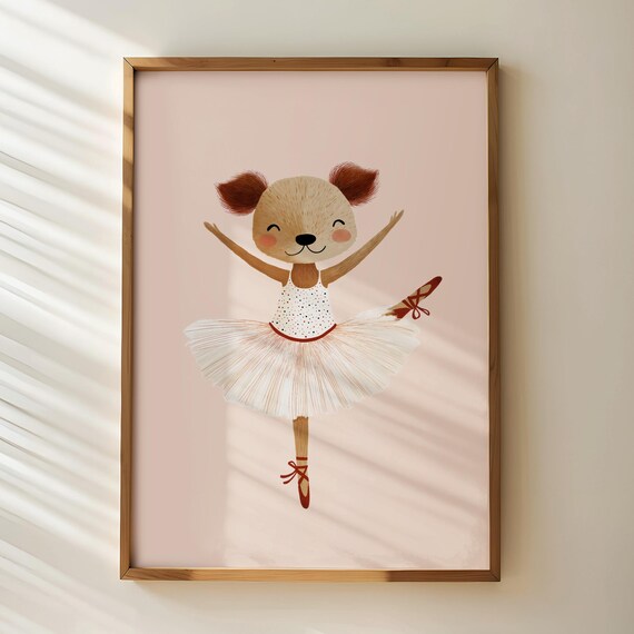 Ballerina Dog Wall Art Nursery Animal Print Girls Room Decor Ballet Poster Baby Cute Dogr Pink