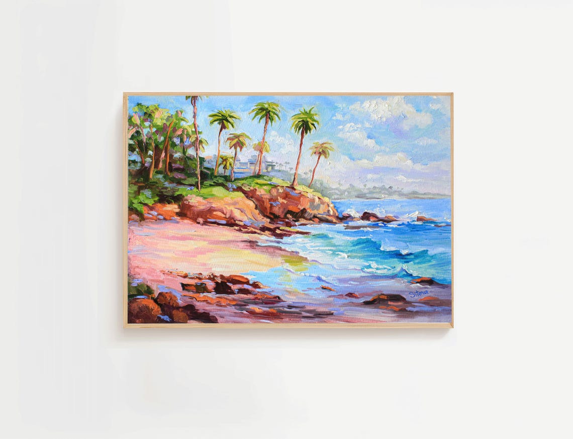 Laguna Beach Coastal Palm Trees Ocean Bluff Oil Painting Poster