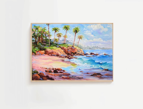 Laguna Beach Coastal Palm Trees Ocean Bluff Oil Painting Poster
