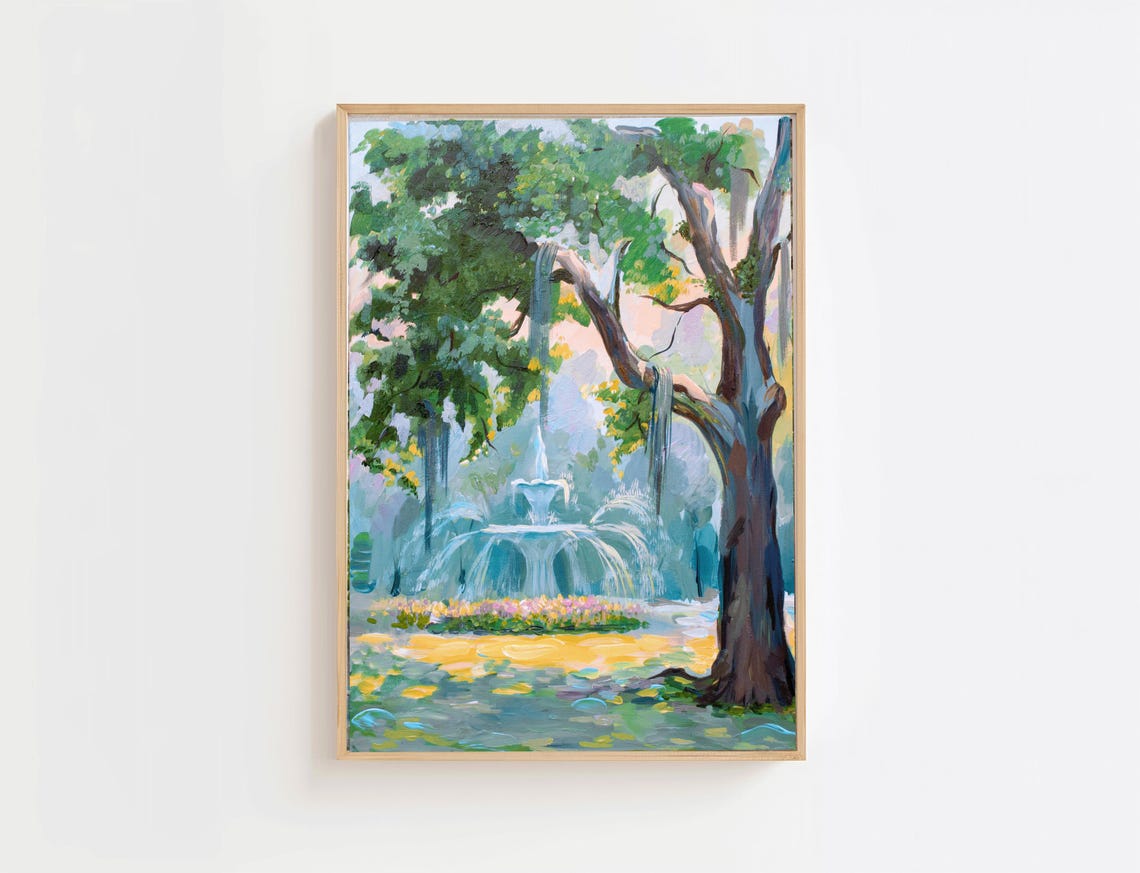 Forsyth Park Fountain Soft Pastel Watercolor Southern Poster