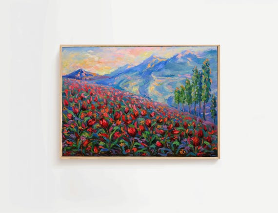 Tajikistan Wild Tulips Print Mountain Landscape Oil Painting