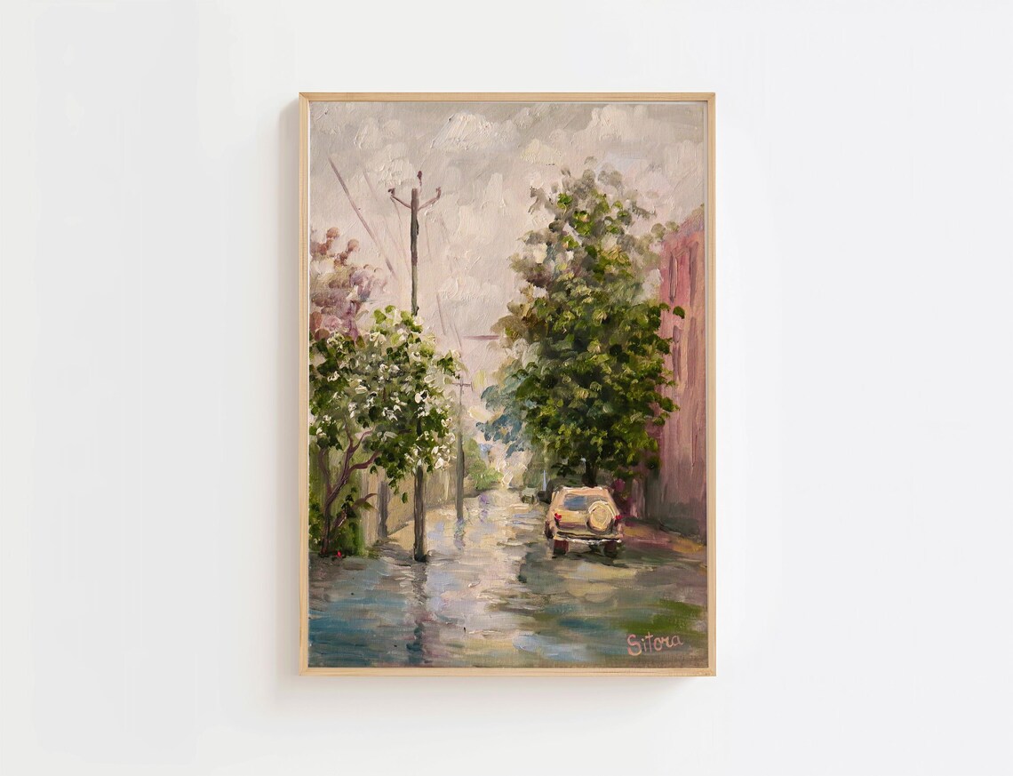 Savannah Georgia Watercolor Poster, Rainy Street